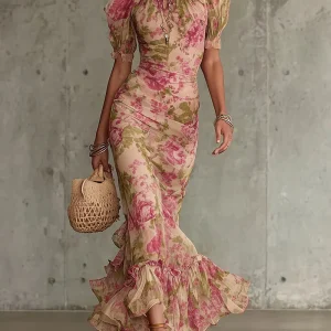 Fiora | Vestido largo con estampado vintage de rosas y mangas abullonadas para Mujer