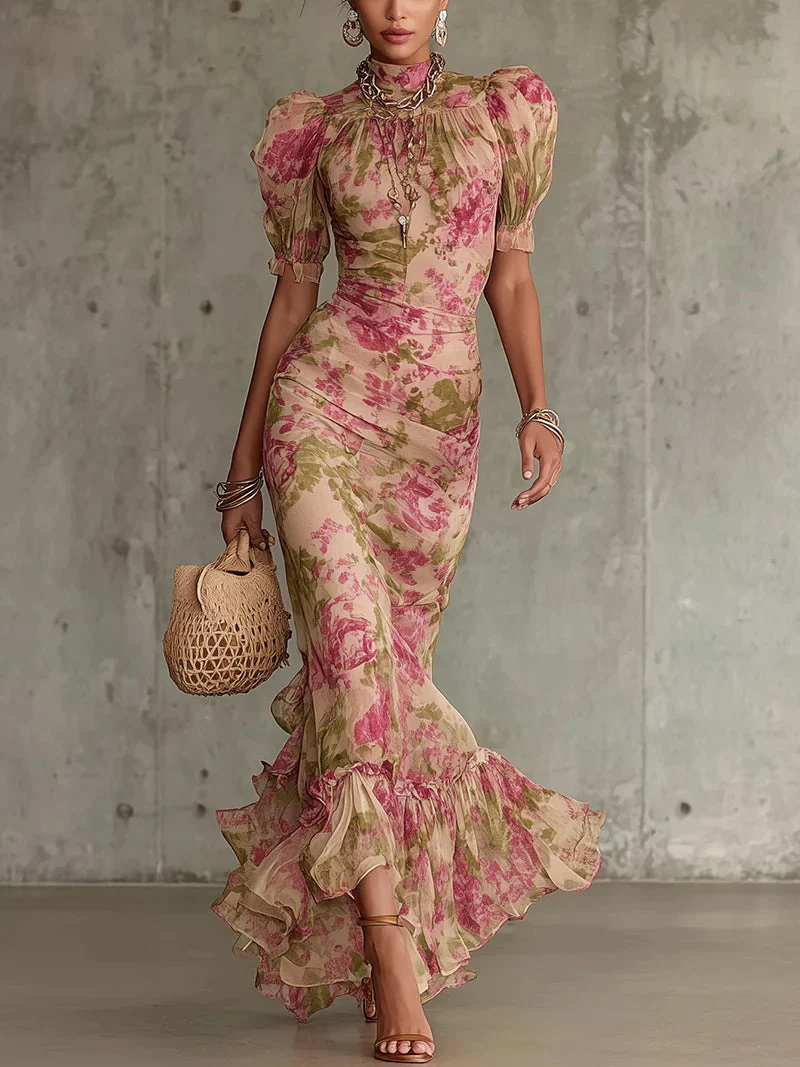 Fiora | Vestido largo con estampado vintage de rosas y mangas abullonadas para Mujer