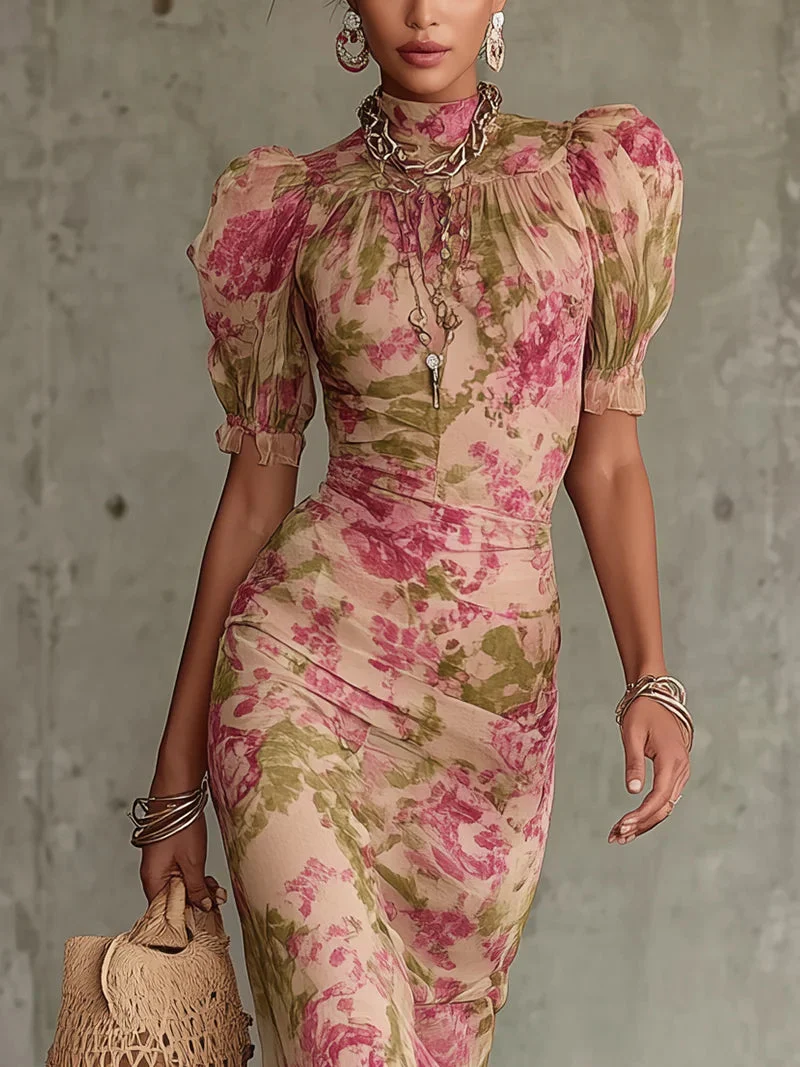 Fiora | Vestido largo con estampado vintage de rosas y mangas abullonadas para Mujer - Imagen 3