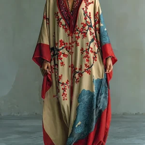 Zaki - Vestido Maxi con Impresión de Flor de Ciruela Roja Japonesa