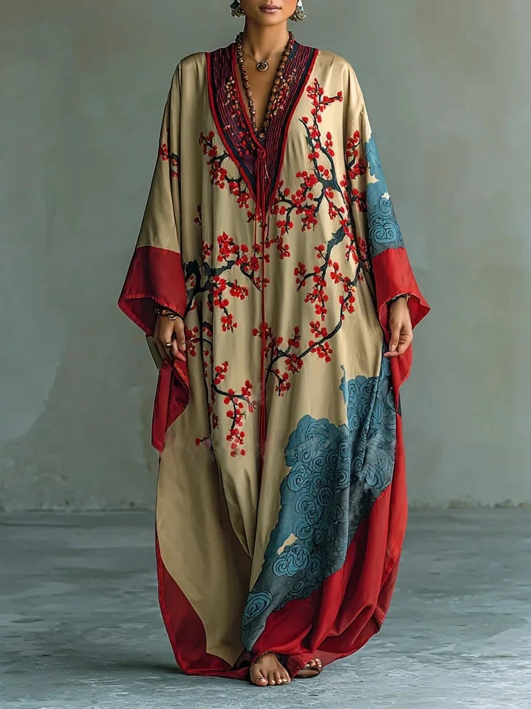 Zaki - Vestido Maxi con Impresión de Flor de Ciruela Roja Japonesa - Imagen 2