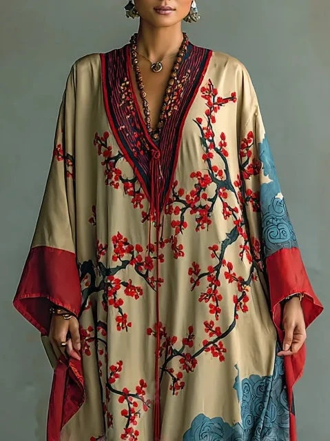 Zaki - Vestido Maxi con Impresión de Flor de Ciruela Roja Japonesa - Imagen 3