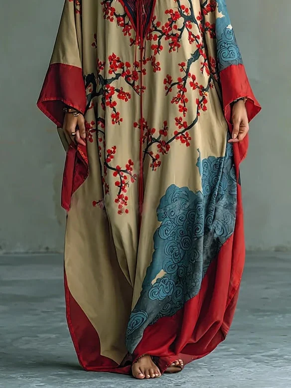 Zaki - Vestido Maxi con Impresión de Flor de Ciruela Roja Japonesa - Imagen 4