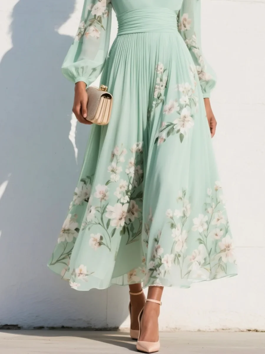 Menta - Vestido Maxi Plisado en Chiffon Verde Menta con Estampado Floral para Mujer - Imagen 6