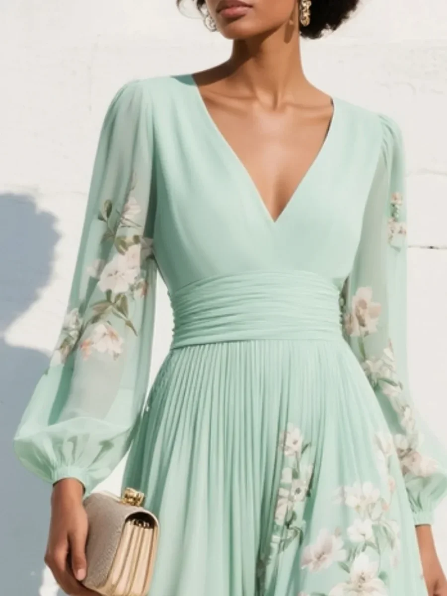 Menta - Vestido Maxi Plisado en Chiffon Verde Menta con Estampado Floral para Mujer - Imagen 5