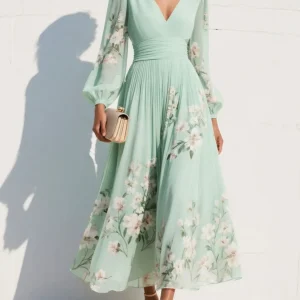 Menta - Vestido Maxi Plisado en Chiffon Verde Menta con Estampado Floral para Mujer