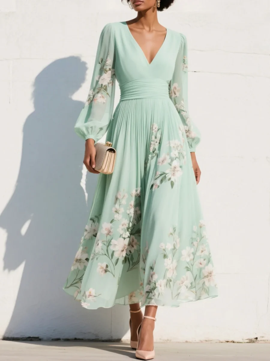 Menta - Vestido Maxi Plisado en Chiffon Verde Menta con Estampado Floral para Mujer - Imagen 2