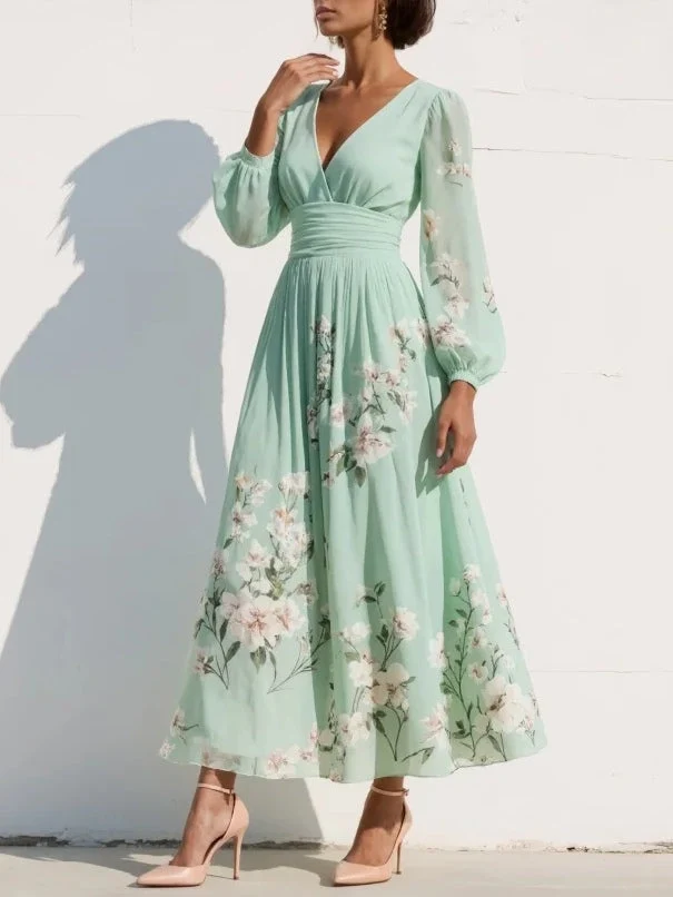 Menta - Vestido Maxi Plisado en Chiffon Verde Menta con Estampado Floral para Mujer - Imagen 3
