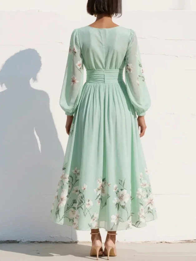 Menta - Vestido Maxi Plisado en Chiffon Verde Menta con Estampado Floral para Mujer - Imagen 4
