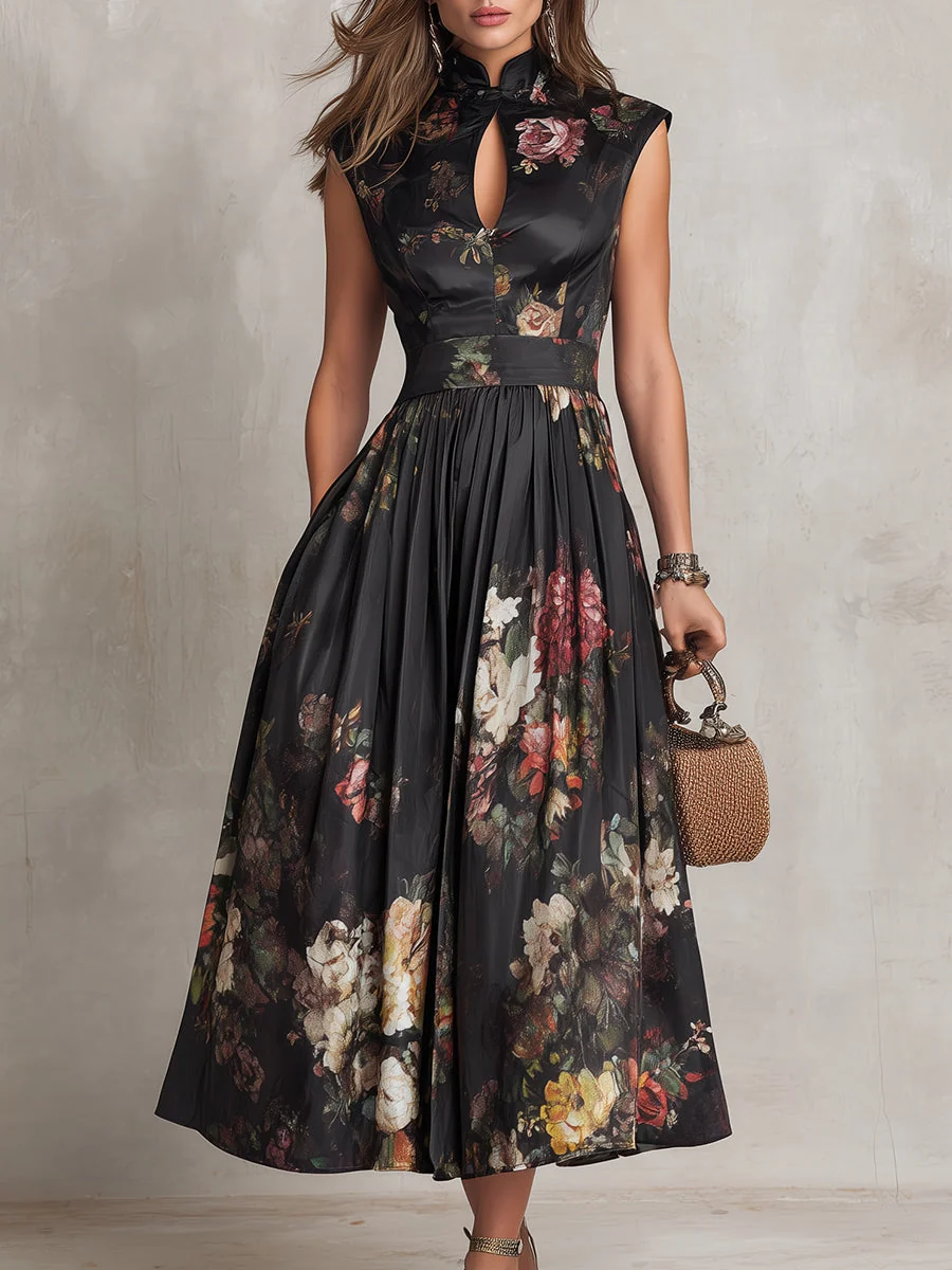 Dunora - Vestido Midi de Satén Plisado Floral con Cuello de Ojal Negro para Mujer - Imagen 4