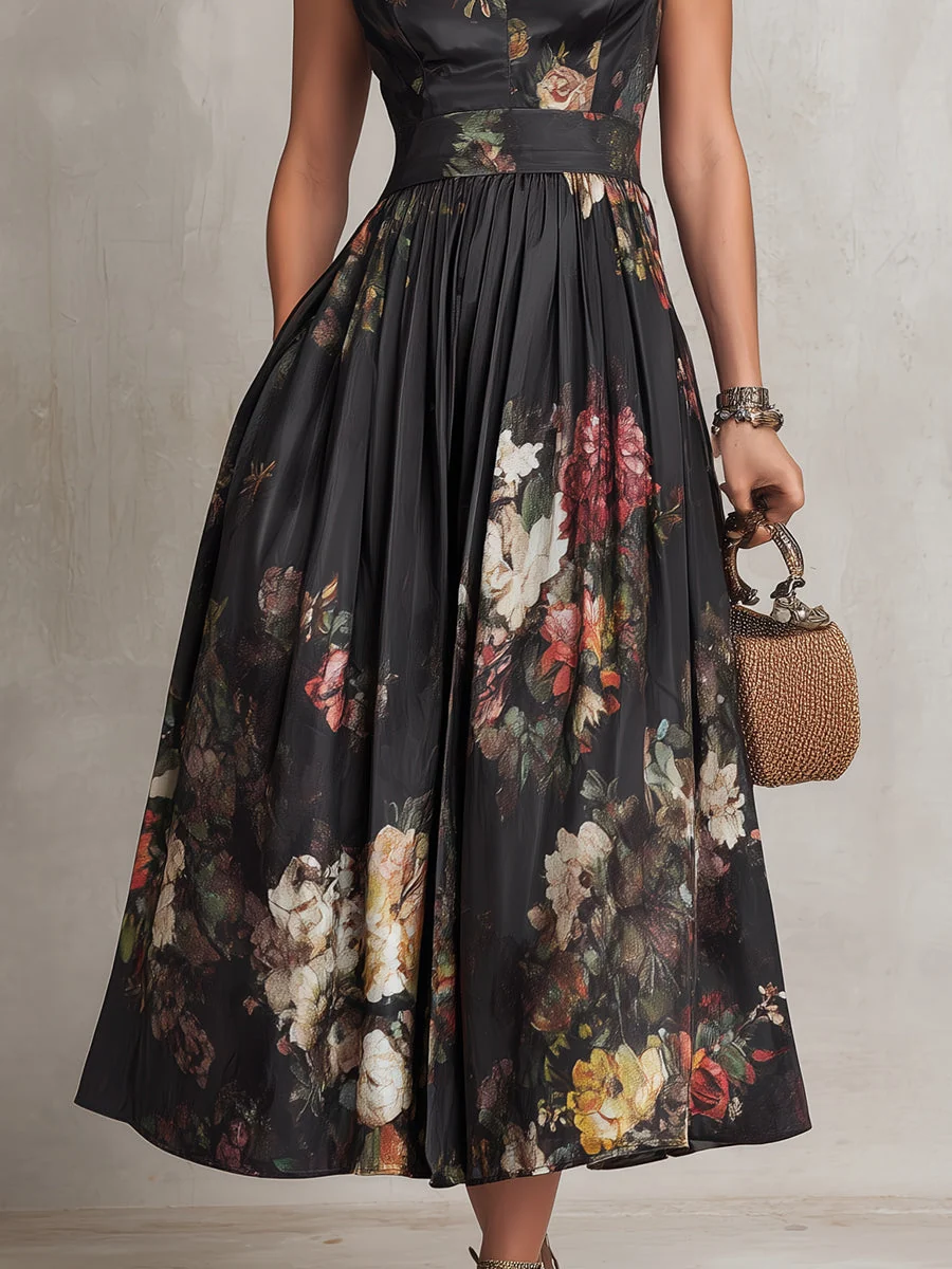 Dunora - Vestido Midi de Satén Plisado Floral con Cuello de Ojal Negro para Mujer - Imagen 6