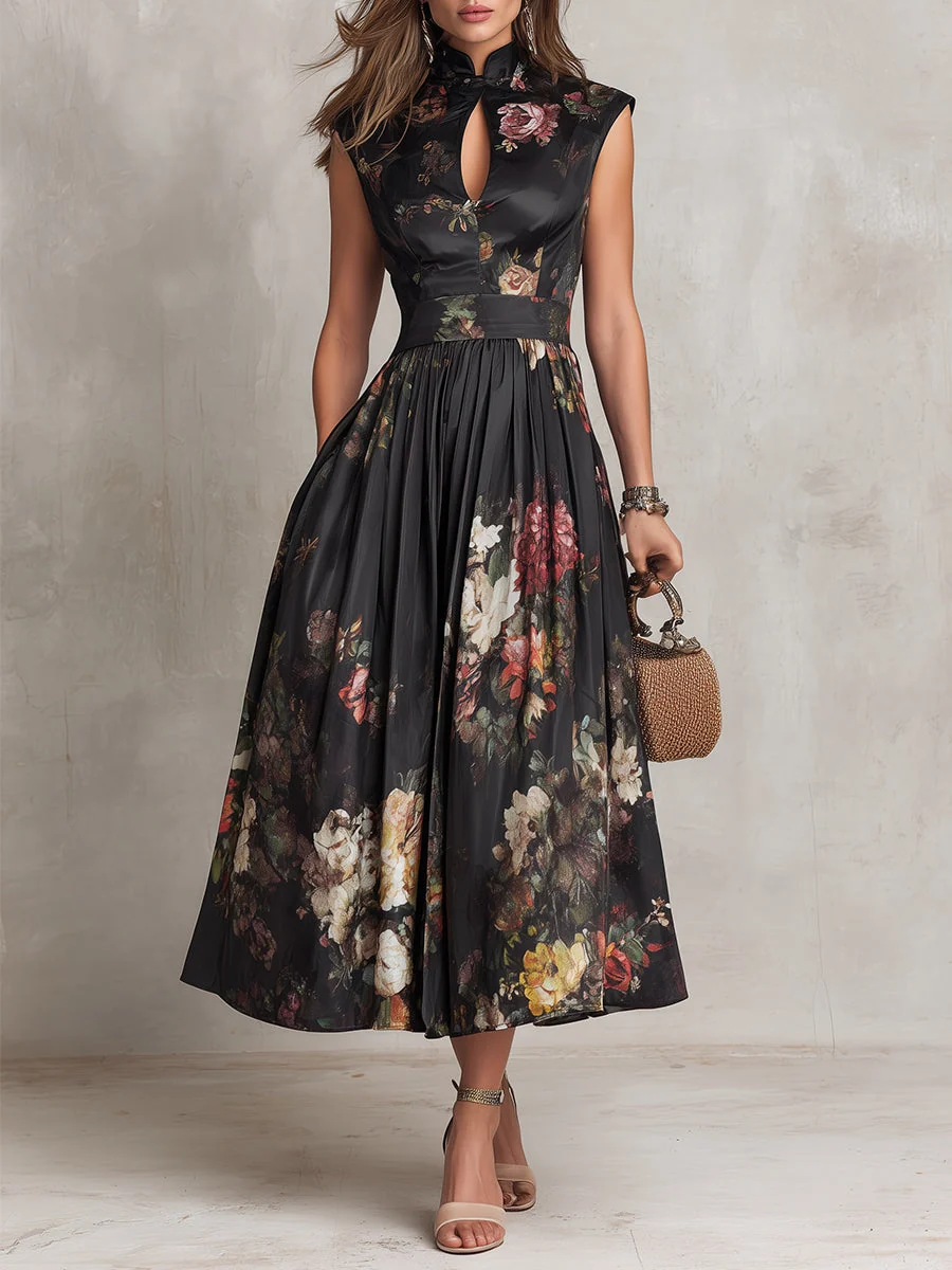Dunora - Vestido Midi de Satén Plisado Floral con Cuello de Ojal Negro para Mujer - Imagen 2