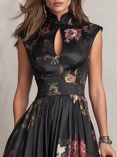 Dunora - Vestido Midi de Satén Plisado Floral con Cuello de Ojal Negro para Mujer - Imagen 5