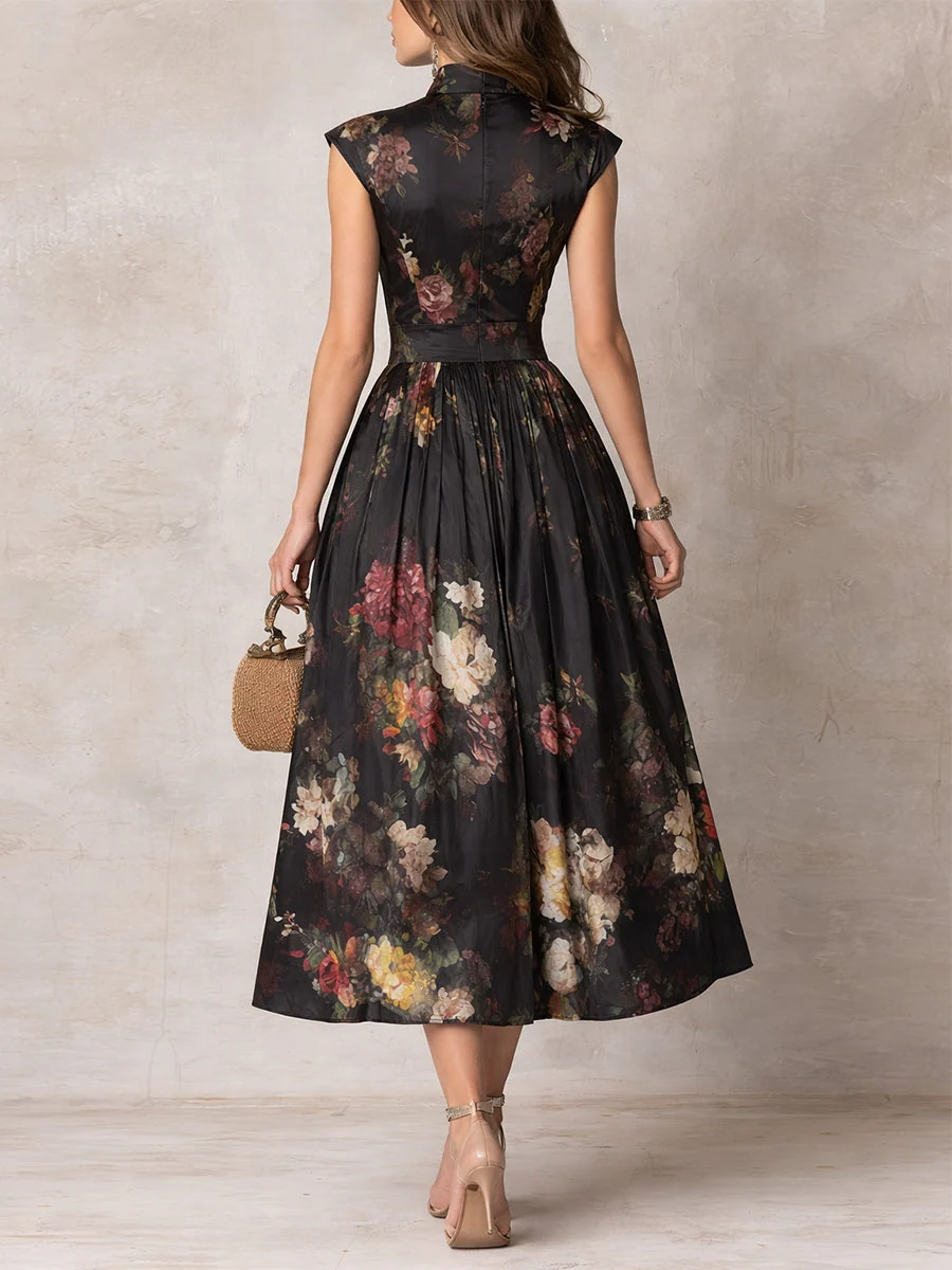Dunora - Vestido Midi de Satén Plisado Floral con Cuello de Ojal Negro para Mujer - Imagen 3
