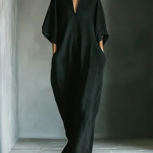 Caro - Vestido Maxi Negro Minimalista con Mangas de Kimono para Mujer