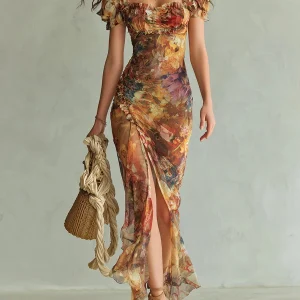 Seraphine | Vestido maxi con estampado pictórico floral y falda fluida para Mujer