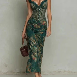 Ronda - Vestido Maxi de Estampado Floral a Rayas con Encaje Retro para Mujer