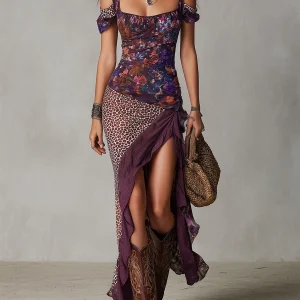 Druida - Vestido Maxi Floral con Estampado de Leopardo Nómada Urbano en Púrpura con Fenda Alta para Mujer