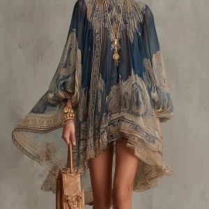 Marianna | Mini vestido de chiffon azul marino con estampado barroco dorado para Mujer