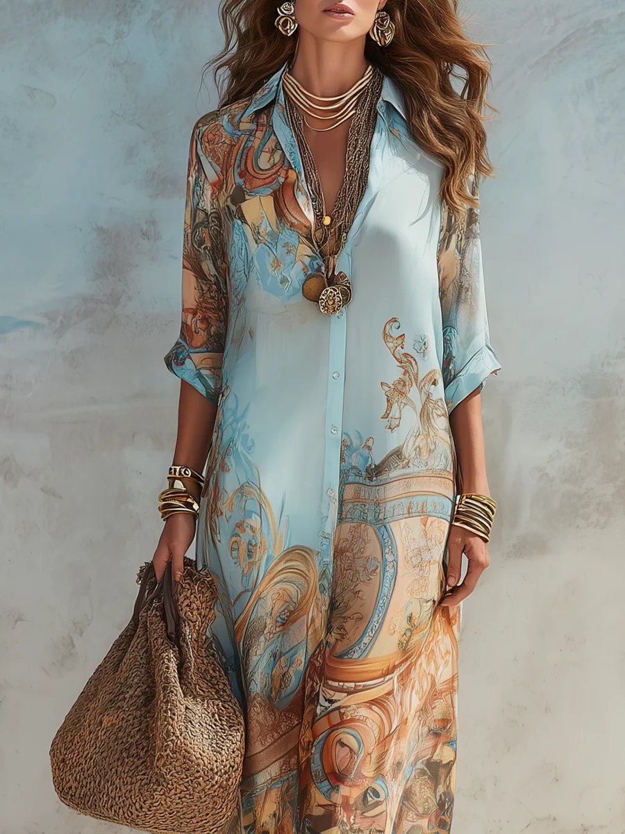 Luisa | Vestido maxi chemisier mediterráneo para Mujer - Imagen 5