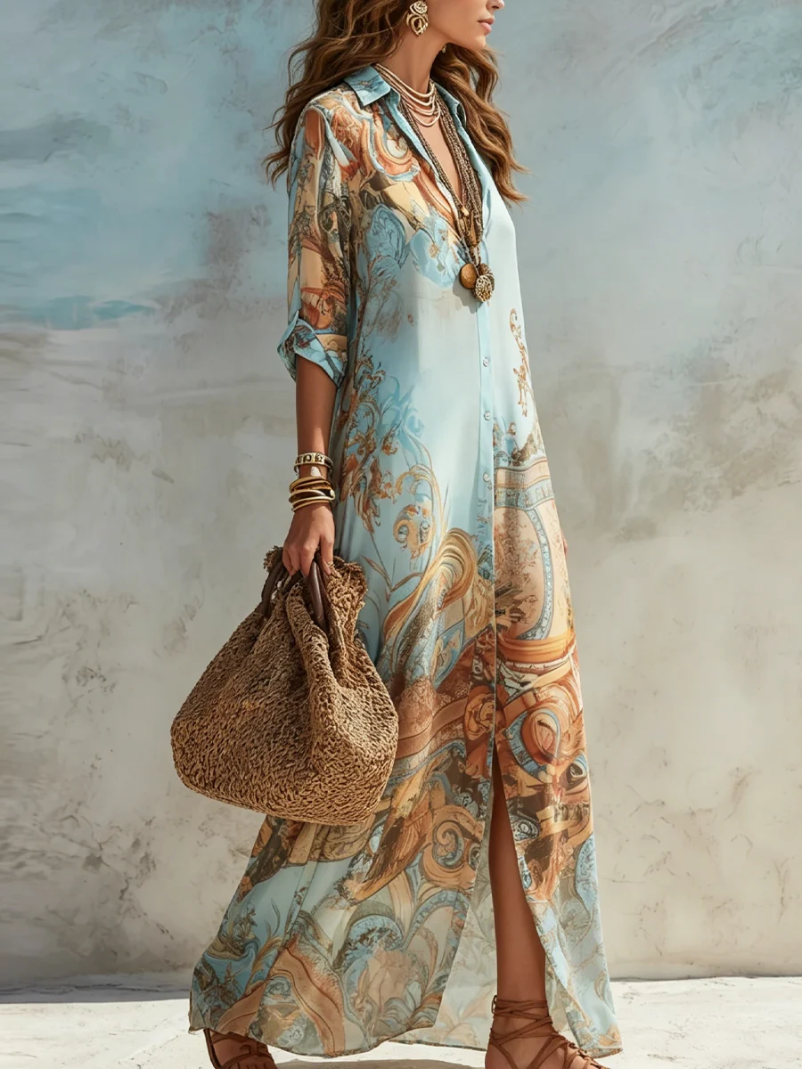 Luisa | Vestido maxi chemisier mediterráneo para Mujer - Imagen 3