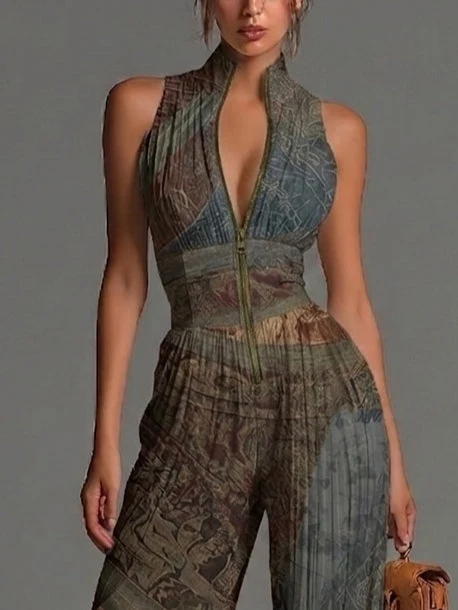 Rosario - Mono de gasa de corte ancho con pliegues, sin mangas, cremallera y estampado étnico bohemio para Mujer - Imagen 4