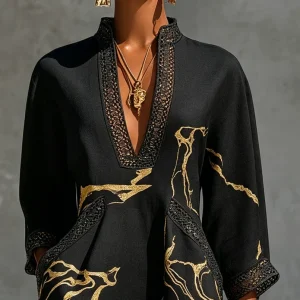 Diana | Vestido corto estampado en negro y dorado con escote en V y encaje de crochet para Mujer