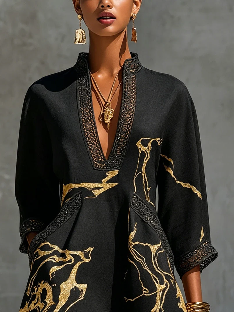 Diana | Vestido corto estampado en negro y dorado con escote en V y encaje de crochet para Mujer - Imagen 2