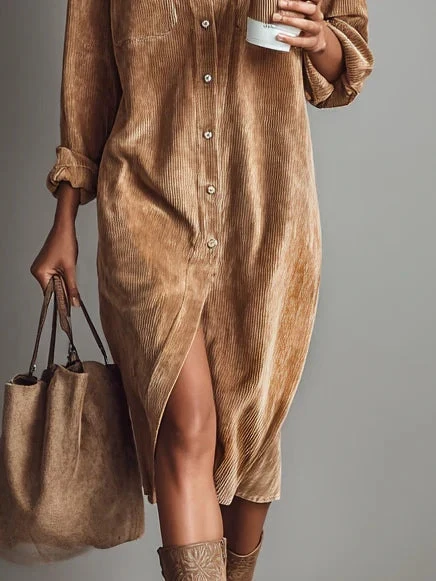 Margriet | Vestido Midi de Terciopelo Acanalado con Bolsillos y Botonadura Simple para Mujer - Imagen 7