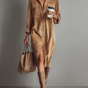 Margriet | Vestido Midi de Terciopelo Acanalado con Bolsillos y Botonadura Simple para Mujer