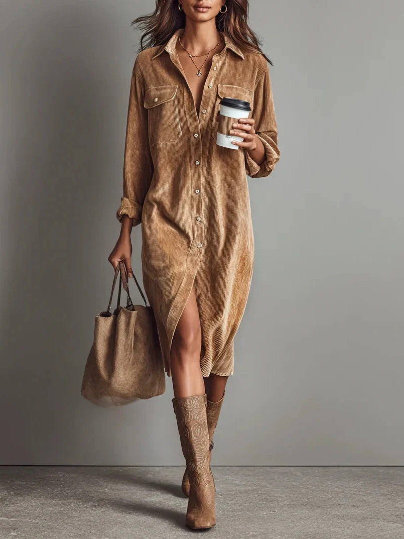 Margriet | Vestido Midi de Terciopelo Acanalado con Bolsillos y Botonadura Simple para Mujer - Imagen 2