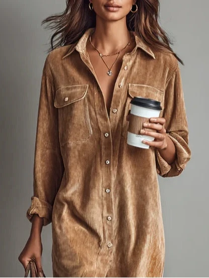 Margriet | Vestido Midi de Terciopelo Acanalado con Bolsillos y Botonadura Simple para Mujer - Imagen 6