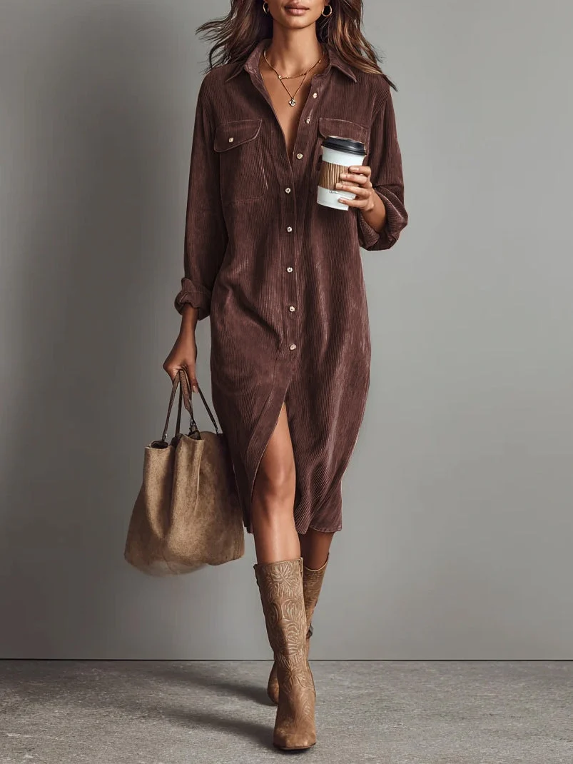 Margriet | Vestido Midi de Terciopelo Acanalado con Bolsillos y Botonadura Simple para Mujer - Imagen 3