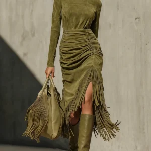 Oliva - Vestido de Mujer Verde  Sofisticación Texturizada con Silueta Cruzada Impecable