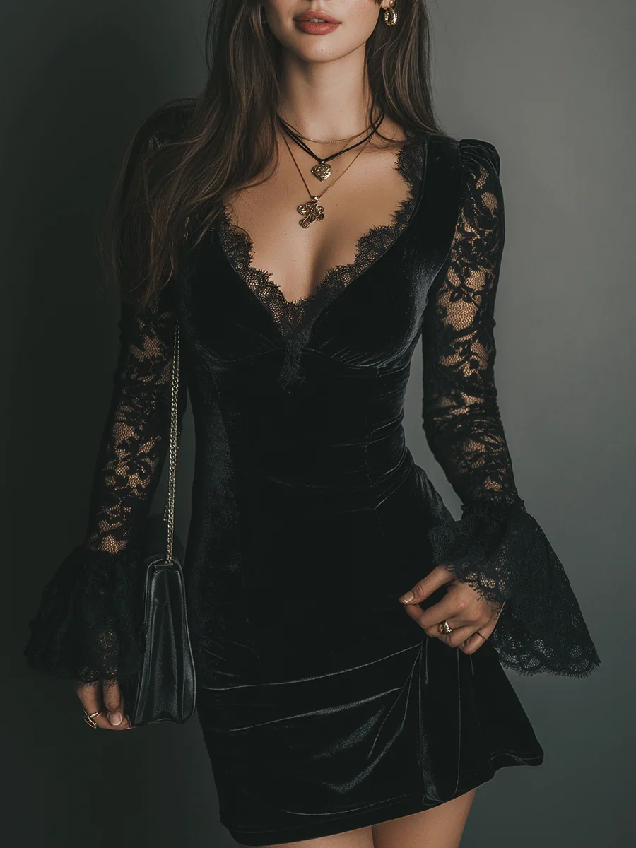 Lunori™ | Vestido mini de terciopelo y encaje Luna - Imagen 2