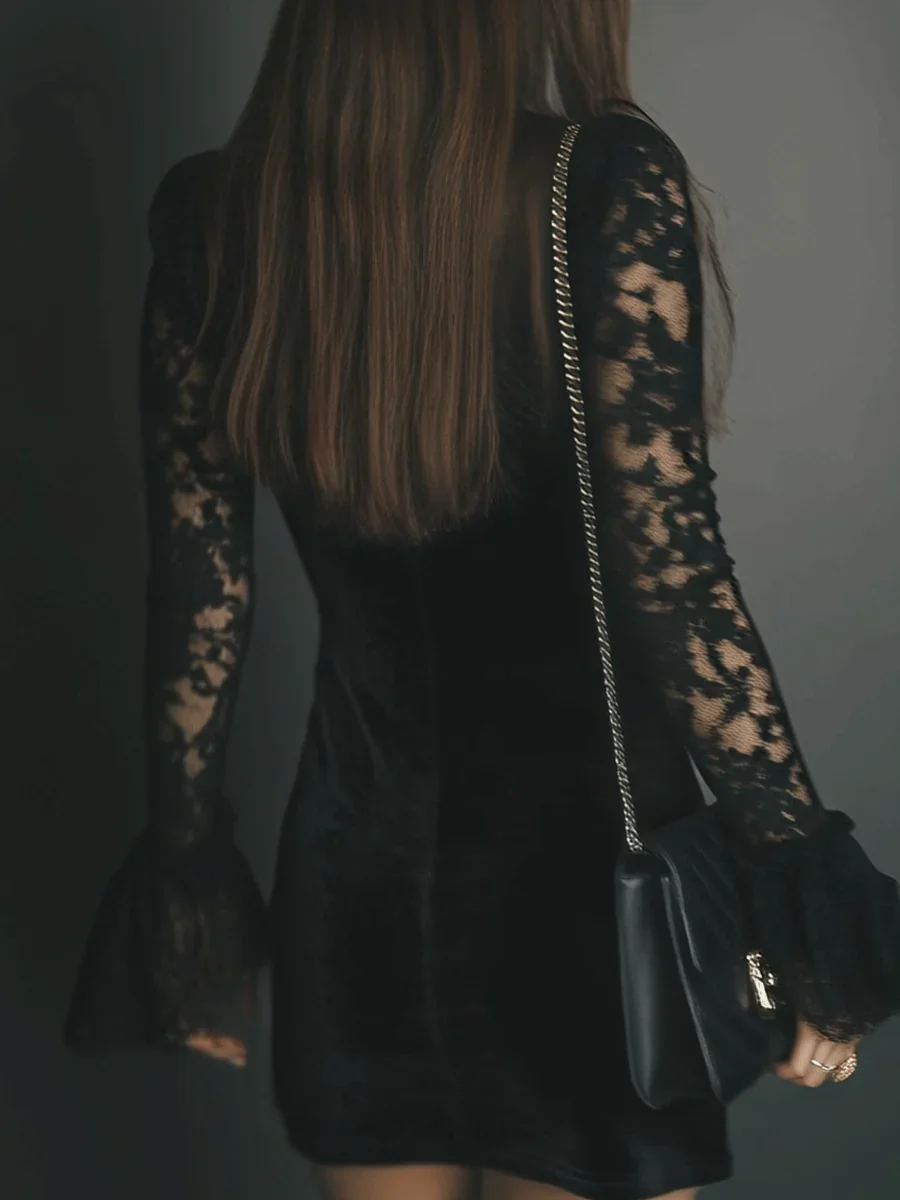 Lunori™ | Vestido mini de terciopelo y encaje Luna - Imagen 4