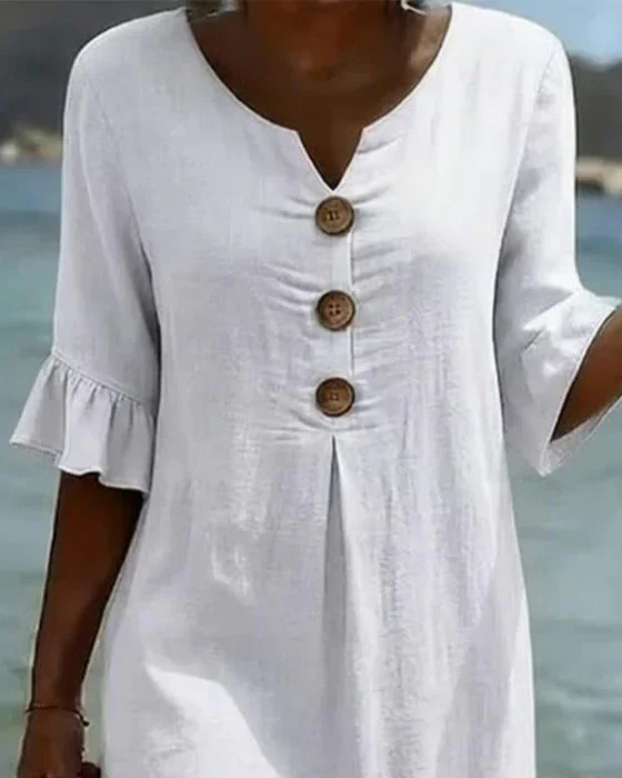 Vanesa | Vestido con textura de lino con manga abullonada y botones para Mujer - Imagen 4