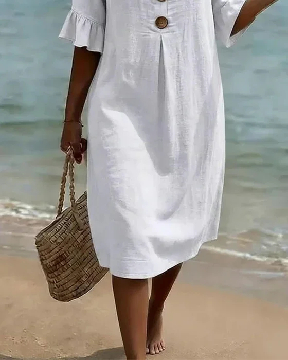 Vanesa | Vestido con textura de lino con manga abullonada y botones para Mujer - Imagen 5