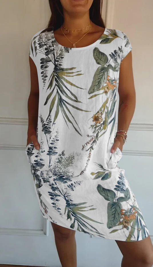 Grace™ Vestido estampado de cuello redondo de algodón y lino para mujer - Imagen 4