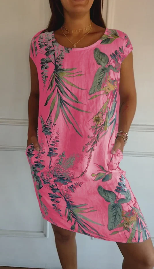 Grace™ Vestido estampado de cuello redondo de algodón y lino para mujer - Imagen 5
