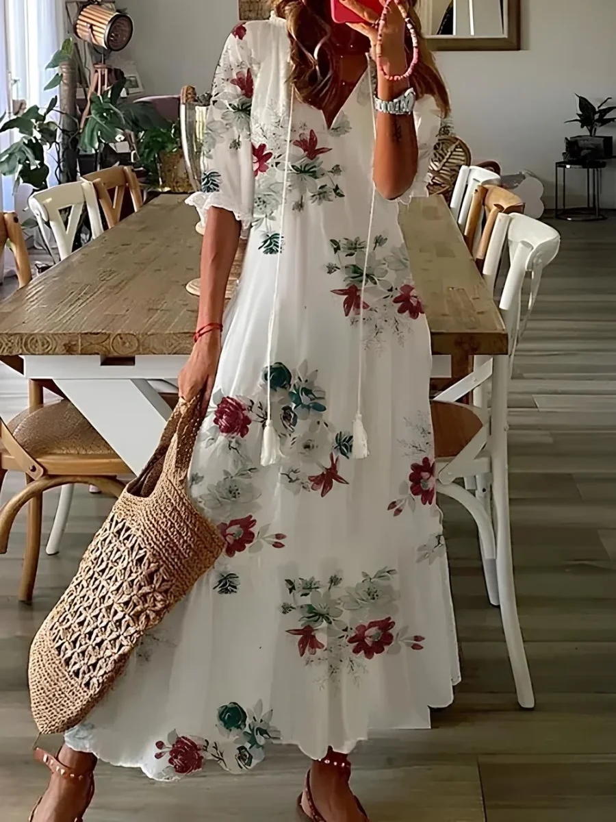 Dúnia™ VESTIDO LARGO CON ESTAMPADO Y VOLANTES - Imagen 5
