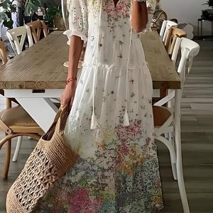 Dúnia™ VESTIDO LARGO CON ESTAMPADO Y VOLANTES
