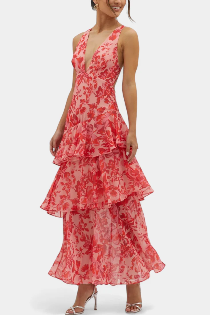 Domenica Vestido de Gasa con Escote en V y Capas Fluidas - Imagen 3