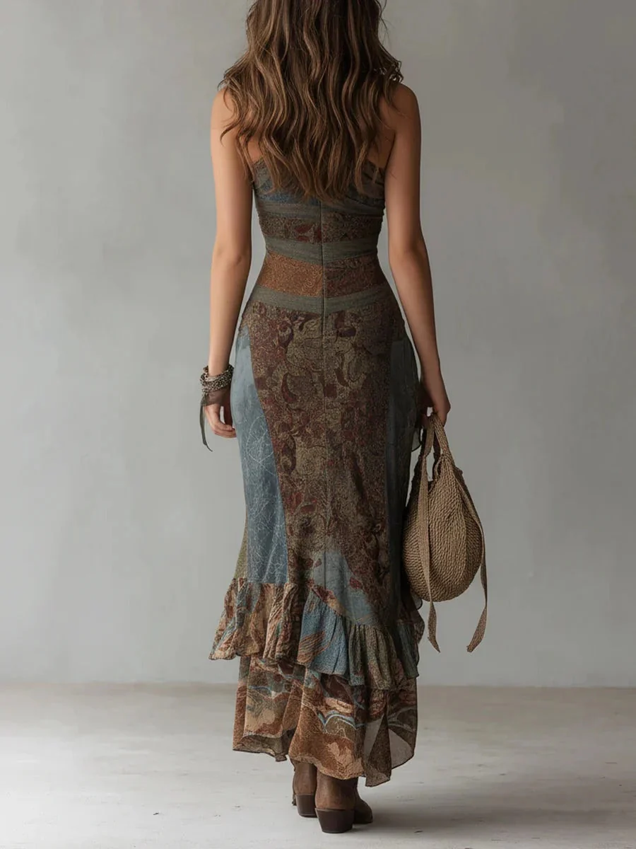 María | Vestido largo asimétrico con estampado étnico y abertura lateral para Mujer - Imagen 4