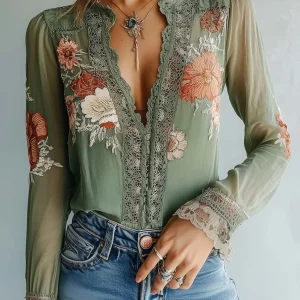 Rocío · Blusa floral bohemia con encaje para Mujer