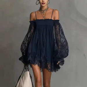 DINA - VESTIDO MINI HOMBROS DESCUBIERTOS ENCAJE PARA MUJER
