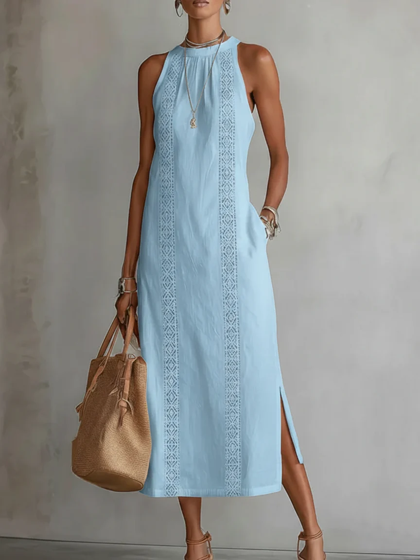 Jimena | Vestido midi de lino con cuello mao para Mujer - Imagen 9