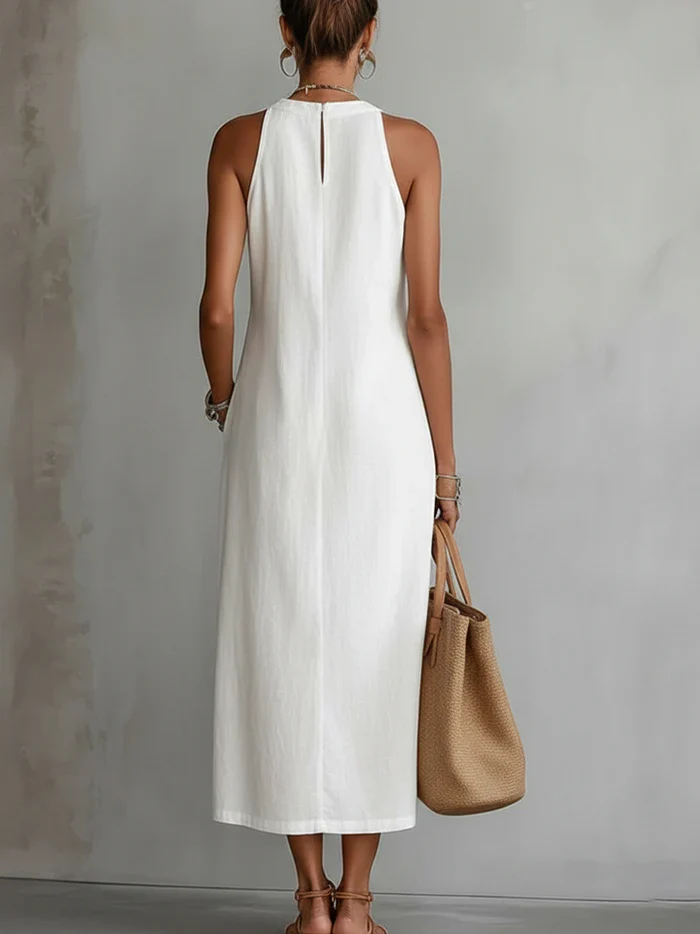 Jimena | Vestido midi de lino con cuello mao para Mujer - Imagen 4