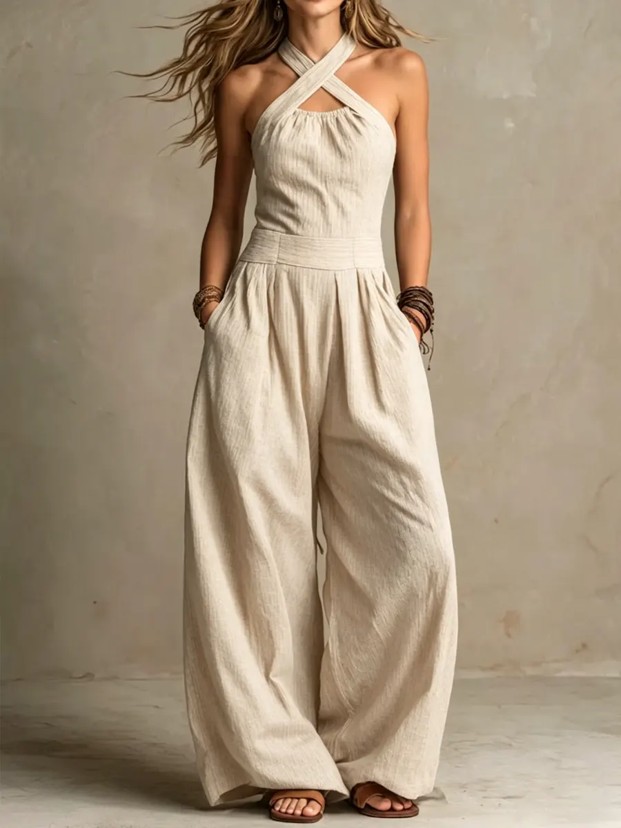 Bianca | Mono de lino y algodón con escote cruzado elegante para Mujer - Imagen 3