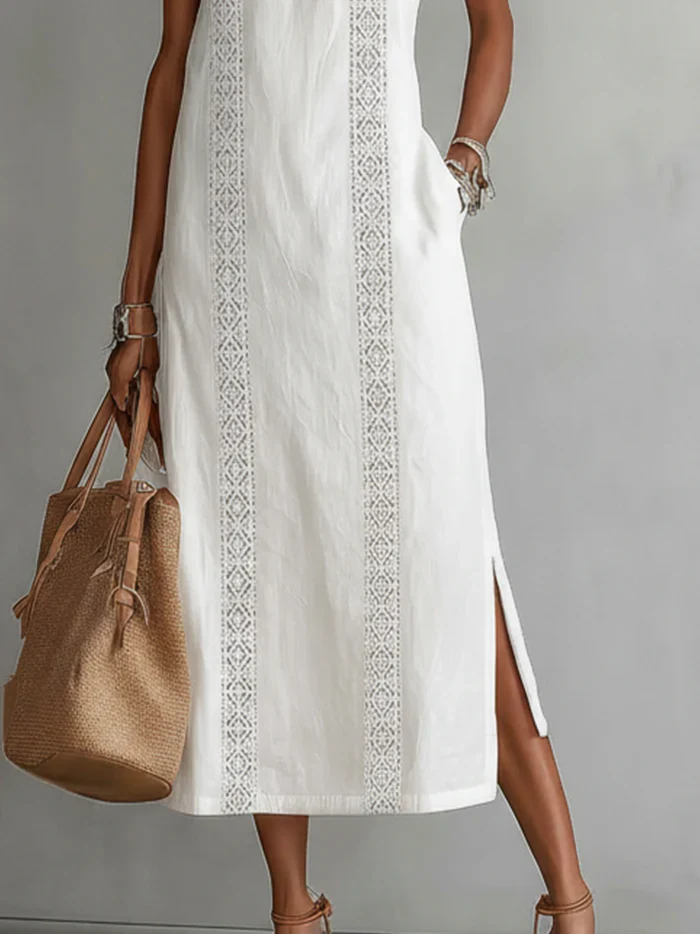 Jimena | Vestido midi de lino con cuello mao para Mujer - Imagen 3